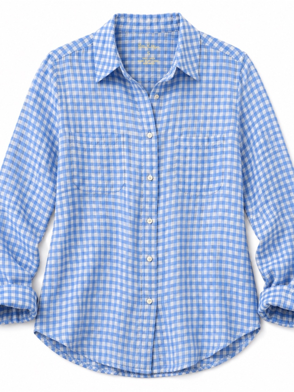 Lilly Pulitzer Sea View 100% Linen Gingham Button Down Shirt Size Small